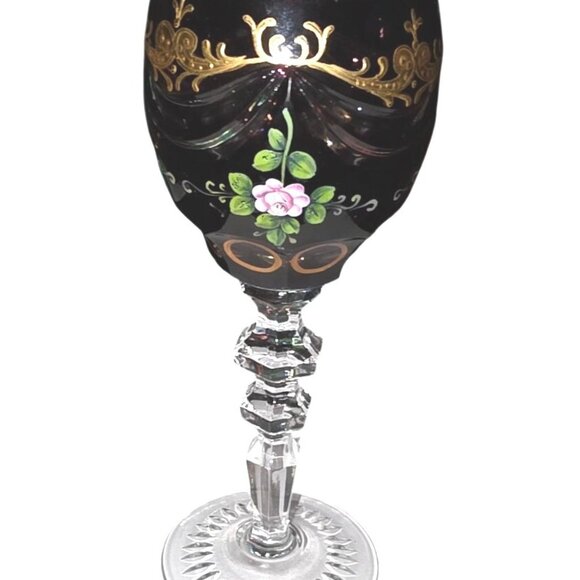 Bohemian Cut To Clear Crystal Hand Painted Goblet With Gold Trim & Floral Detail - Picture 4 of 10